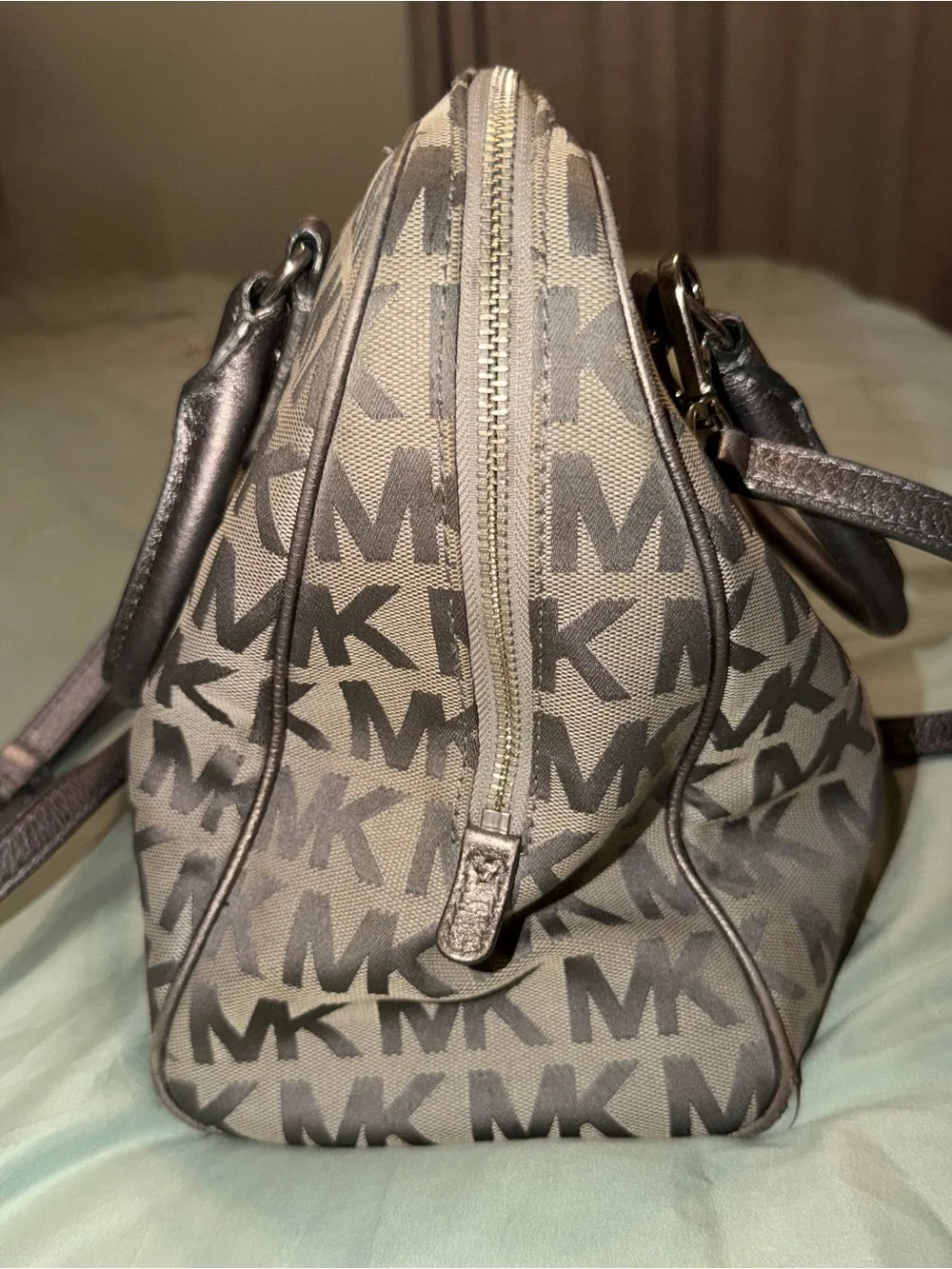 Michael Kors Gray MK Monogram Satchel with Metallic Handles